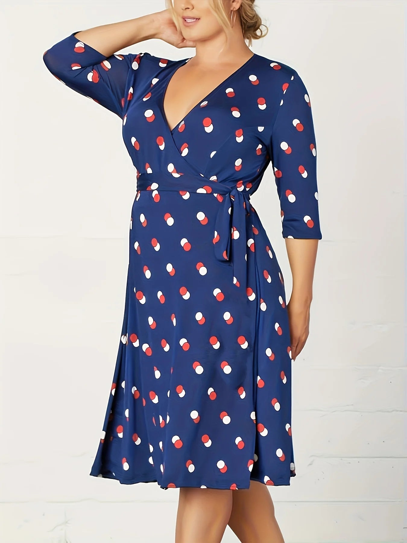 Women's Polka Dot Wrap Dress - V Neck 3/4 Sleeve Tie Waist Knee Length Casual Midi Dress
