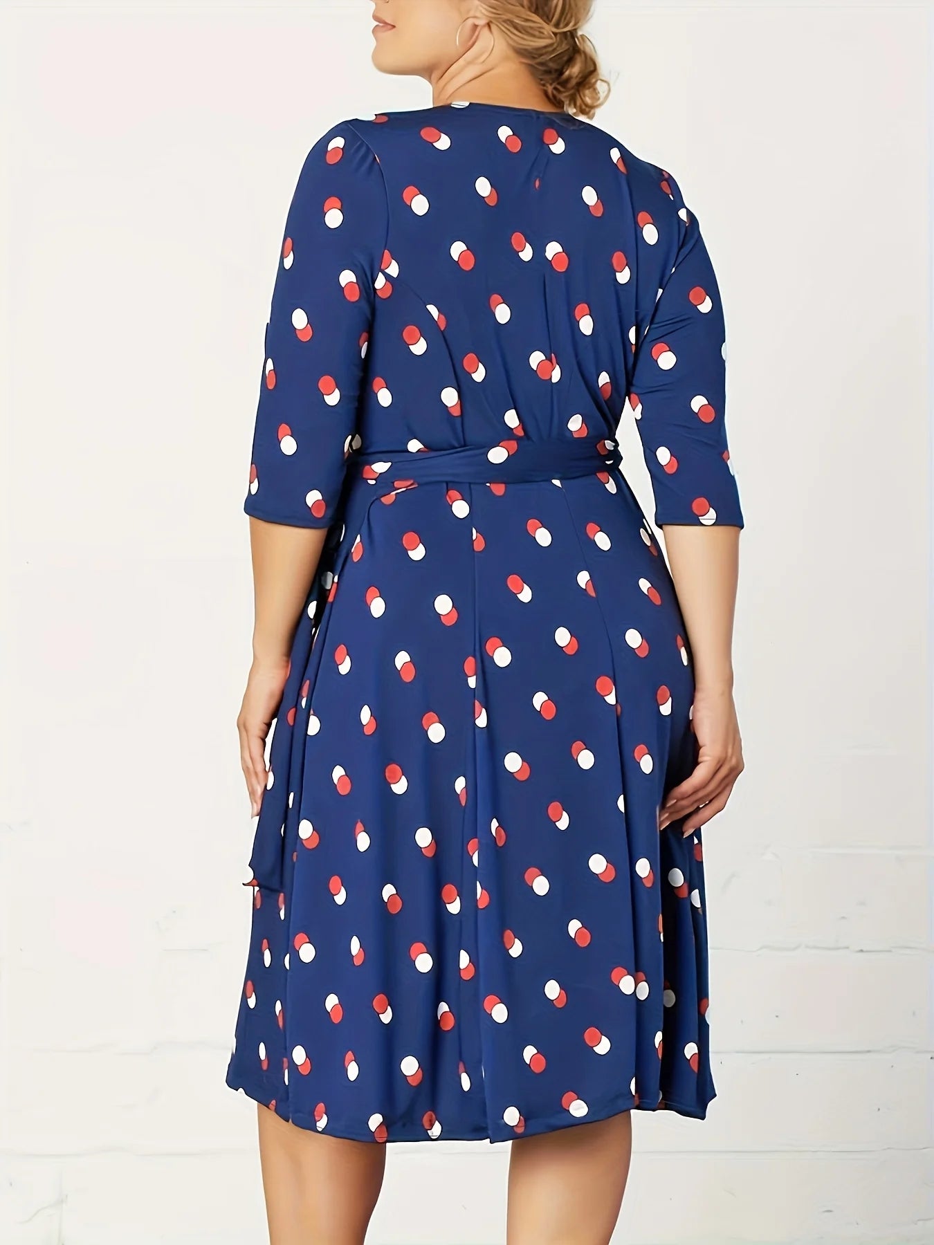 Women's Polka Dot Wrap Dress - V Neck 3/4 Sleeve Tie Waist Knee Length Casual Midi Dress