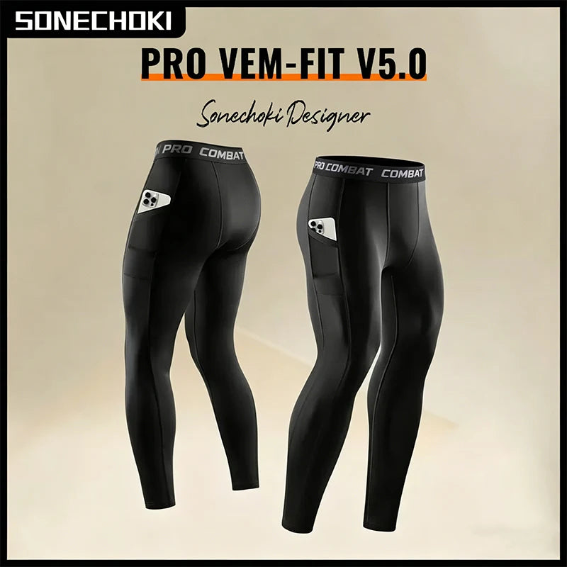 Compression Pant Men Training Gym Leggings with Pockets Running Tights Fitness Basketball Jogging Workout Trouser Polyester