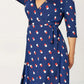 Women's Polka Dot Wrap Dress - V Neck 3/4 Sleeve Tie Waist Knee Length Casual Midi Dress