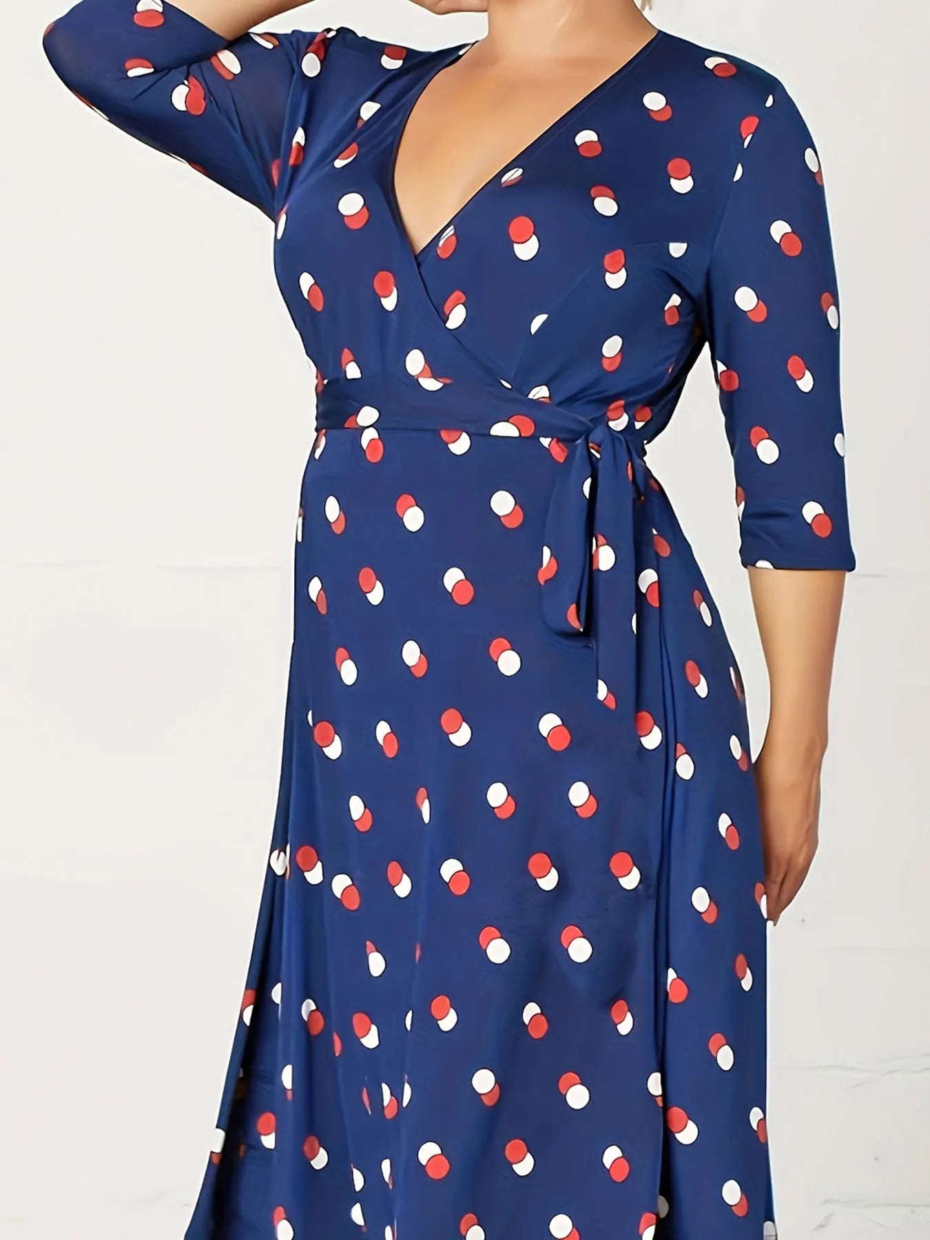 Women's Polka Dot Wrap Dress - V Neck 3/4 Sleeve Tie Waist Knee Length Casual Midi Dress