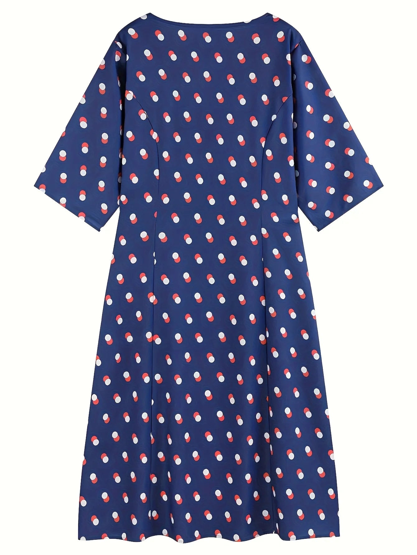 Women's Polka Dot Wrap Dress - V Neck 3/4 Sleeve Tie Waist Knee Length Casual Midi Dress