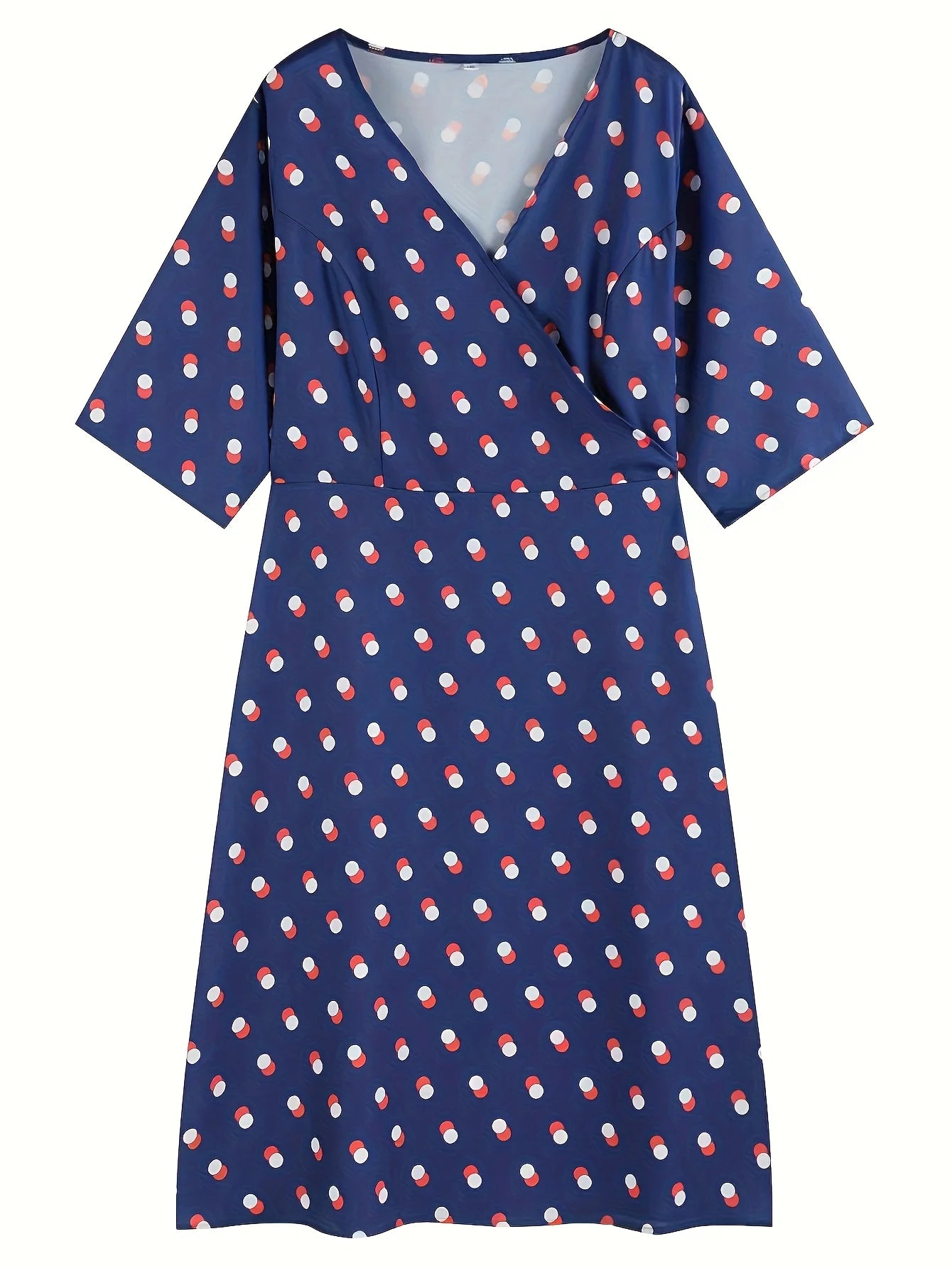 Women's Polka Dot Wrap Dress - V Neck 3/4 Sleeve Tie Waist Knee Length Casual Midi Dress