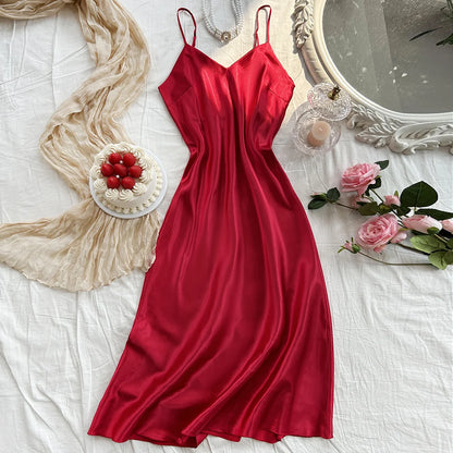 Elegant Women's Nightdress Sexy Comfortable Long Slip Dress Solid Color Pajamas For Women